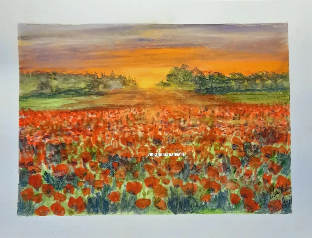 Peinture originale à l'aquarelle d'un champ de coquelicots rouges au soleil couchant par l'artiste Nathalie Vitry. Paysage champêtre lumineux avec des fleurs sauvages, ciel orange et horizon boisé.