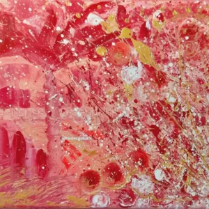 Tableau abstrait à l'acrylique intitulé Octobre Rose, nuances de rose, rouge et blanc avec projections de peinture dorée, format 24x30 cm.