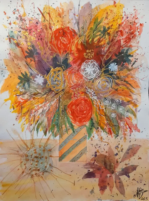 Tableau peinture mixte bouquet de fleurs orange et rouge style abstrait avec touches dorées, intitulé Bouquet automnale fiesta par l'artiste Nathalie Vitry.