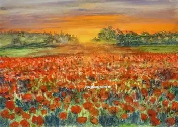 Peinture originale à l'aquarelle d'un champ de coquelicots rouges au soleil couchant par l'artiste Nathalie Vitry. Paysage champêtre lumineux avec des fleurs sauvages, ciel orange et horizon boisé.