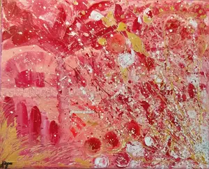 Tableau abstrait à l'acrylique intitulé Octobre Rose, nuances de rose, rouge et blanc avec projections de peinture dorée, format 24x30 cm.