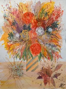 Tableau peinture mixte bouquet de fleurs orange et rouge style abstrait avec touches dorées, intitulé Bouquet automnale fiesta par l'artiste Nathalie Vitry.