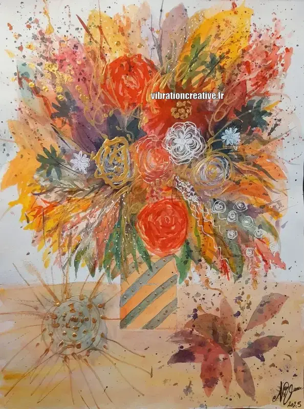 Tableau peinture mixte bouquet de fleurs orange et rouge style abstrait avec touches dorées, intitulé Bouquet automnale fiesta par l'artiste Nathalie Vitry.