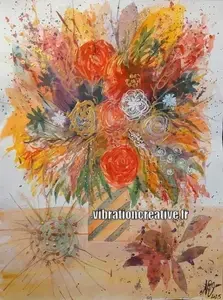 Tableau peinture mixte bouquet de fleurs orange et rouge style abstrait avec touches dorées, intitulé Bouquet automnale fiesta par l'artiste Nathalie Vitry.